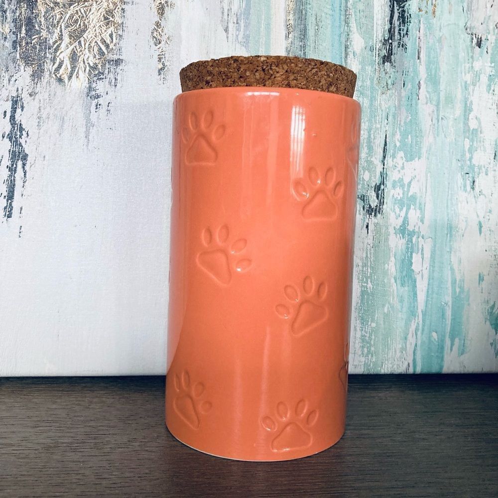 Dog Paw Ceramic Coral Orange Treat Canister Jar